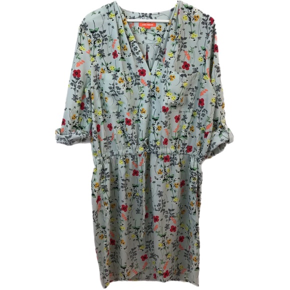 Joe Fresh Green & Red Bright Floral Dress with Roll-Up Sleeves for Spring, SZ L - Picture 1 of 16